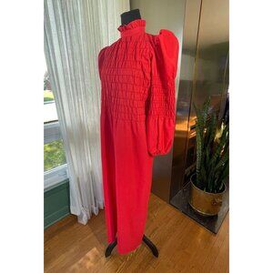 Vintage 70s red dress, smocked bodice with long sleeves, ankle length, 10/12 (L)